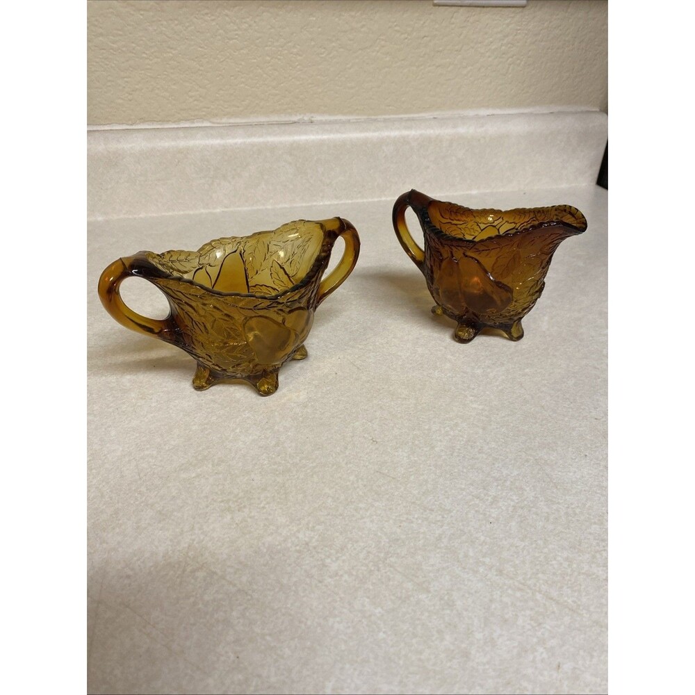 Vintage 1960's Indiana Tiara Glass Pears Creamer & Sugar Bowl Amber